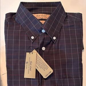 Gold Label by Roundtree & Yorke, long sleeve navy checked button-down shirt, M